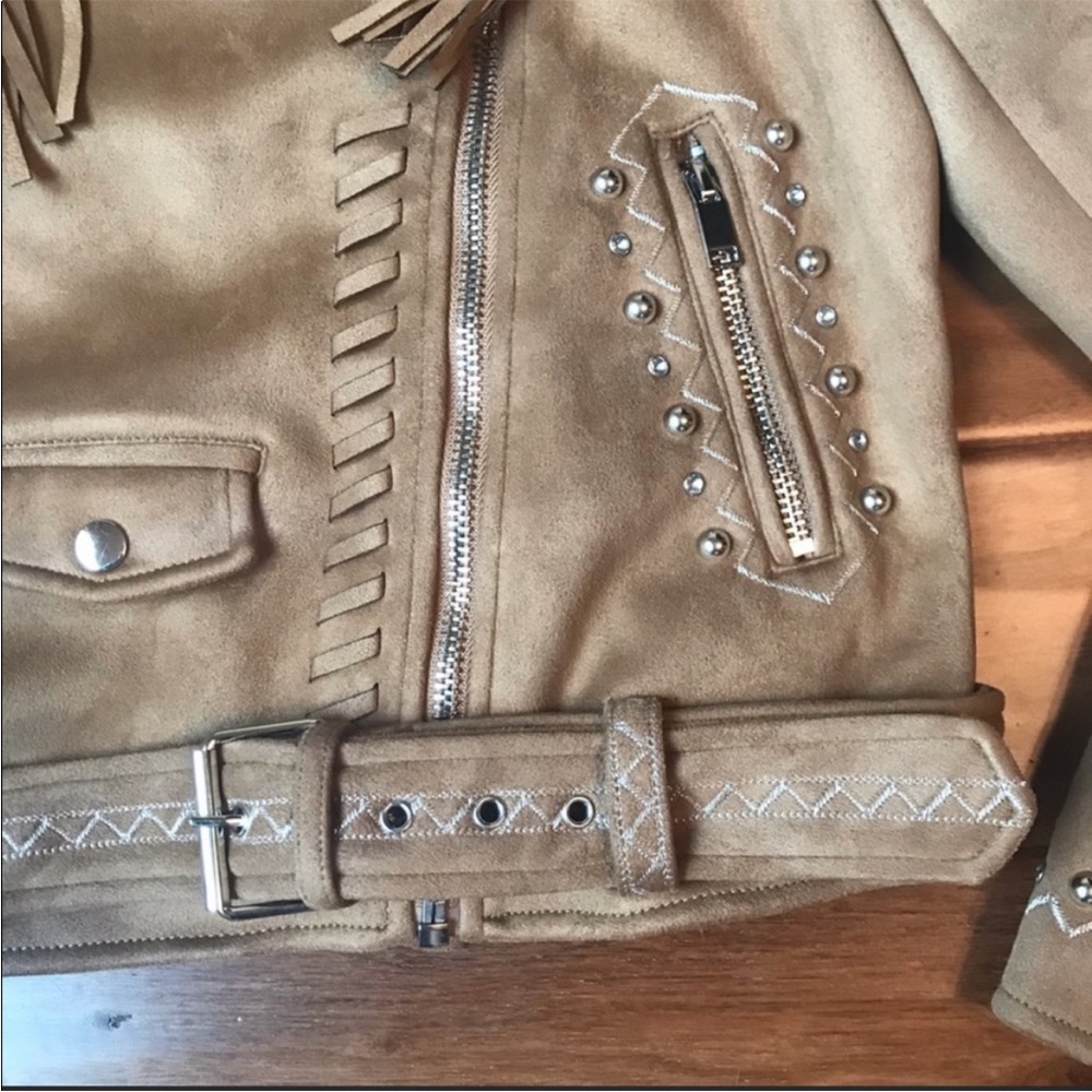 Zara Faux Suede Fringe Biker Jacket Stud Detail small EUC - Picture 9 of 16